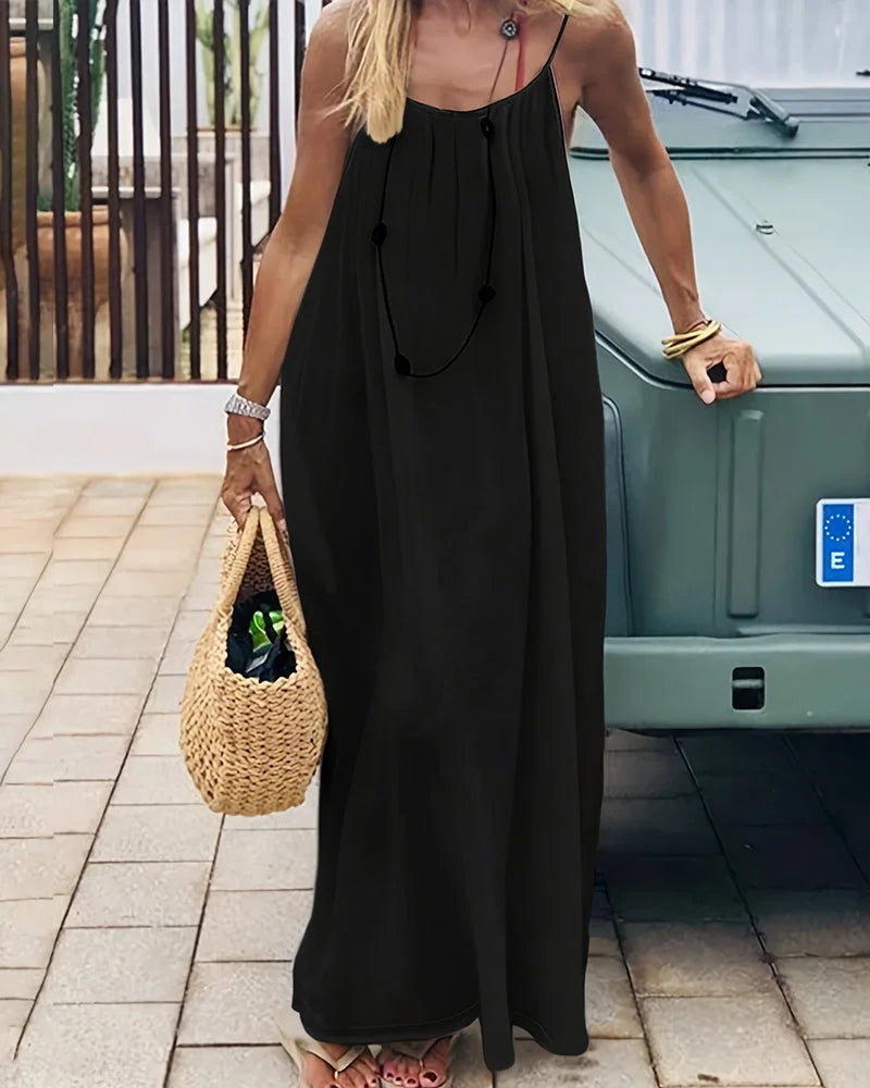 Long elegant women's cami maxi dress, perfect for summer vacations & beach days.