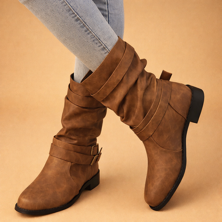 Stylish women's buckle winter boots, Sophia collection, mid-calf height.