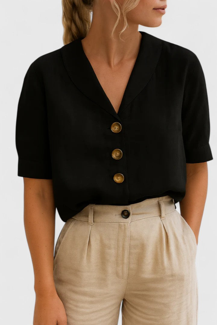 Elegant women's button-up blouse, a versatile sophisticated top for effortless summer & spring fashion. Everyday chic.