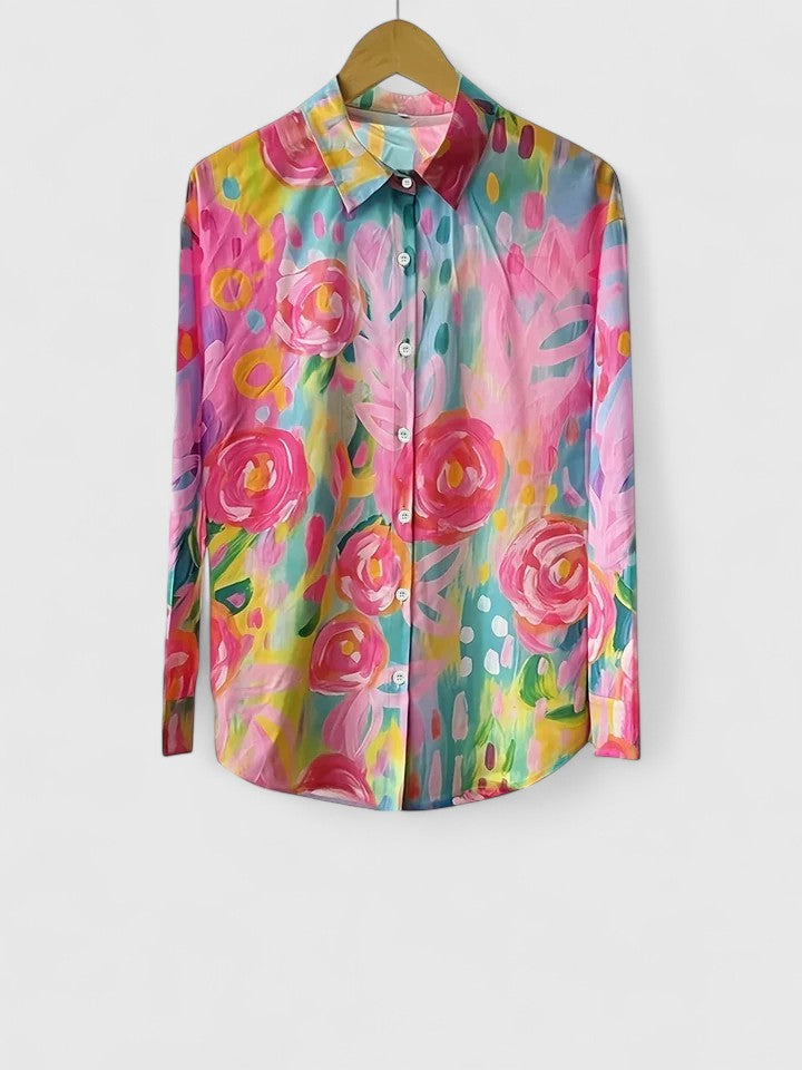 Colorful long sleeve tunic top with a vibrant print, ideal for women's spring fashion, summer style, and everyday elegance.