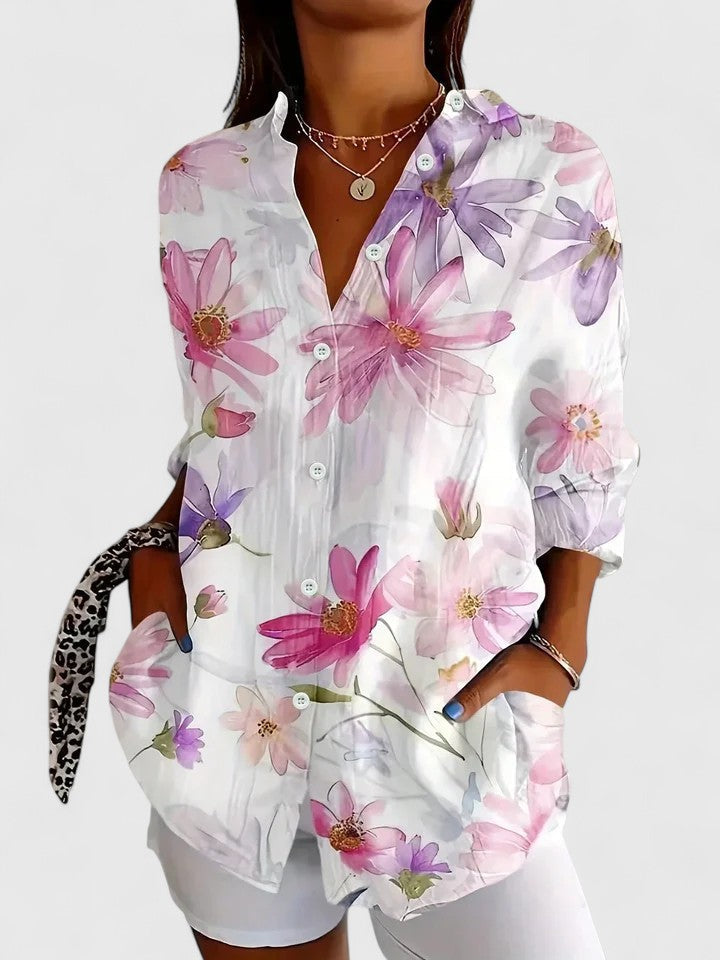 Vibrant print women's tunic top, a colorful long sleeve blouse for sophisticated everyday style and versatile fashion.