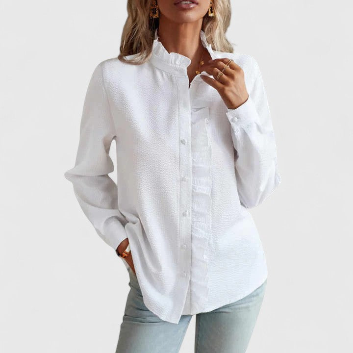 Versatile women's long sleeve blouse with stand collar & single-breasted design, ideal for all seasons.