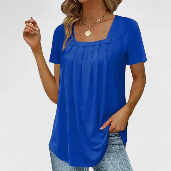 Chic women's summer blouse featuring a square neckline, short sleeves, and a sophisticated design.