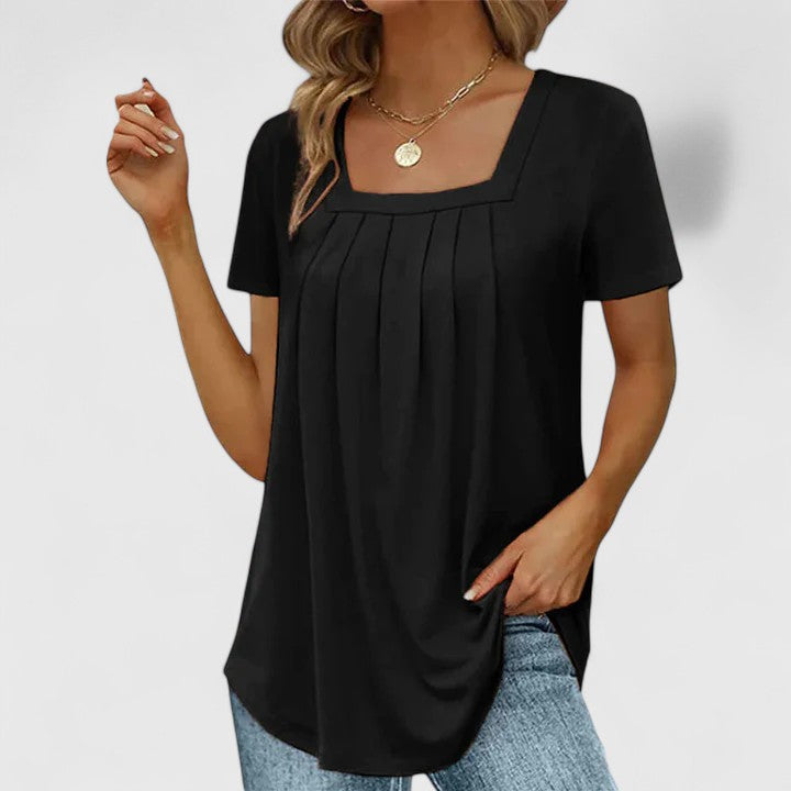 Fashionable women's square neck blouse, short sleeve summer top, ideal for office or stylish daily wear.