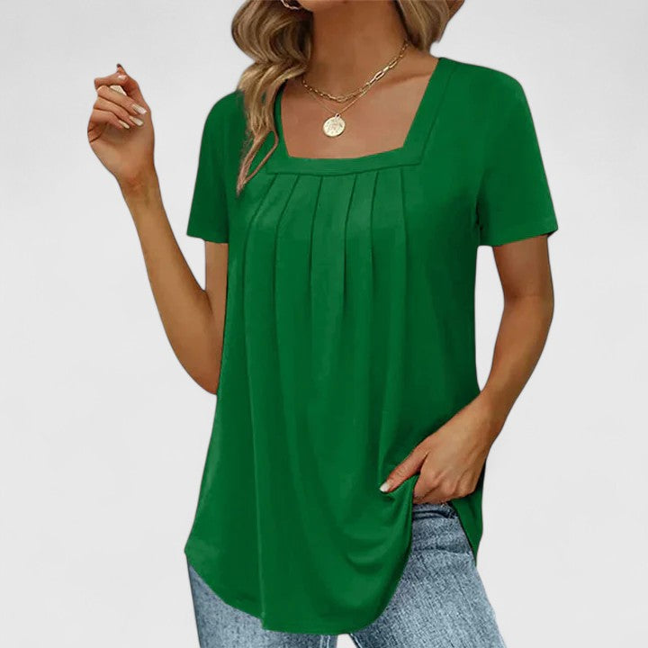 Women's elegant square neck summer blouse, a versatile short sleeve top for sophisticated office & casual looks.
