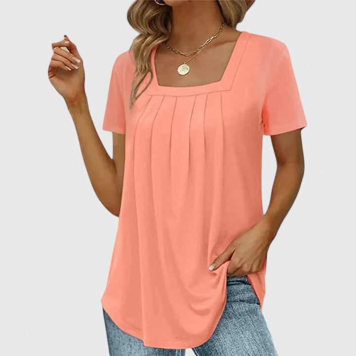 Comfortable & sophisticated women's square neck summer blouse with short sleeves, perfect for daily elegance.