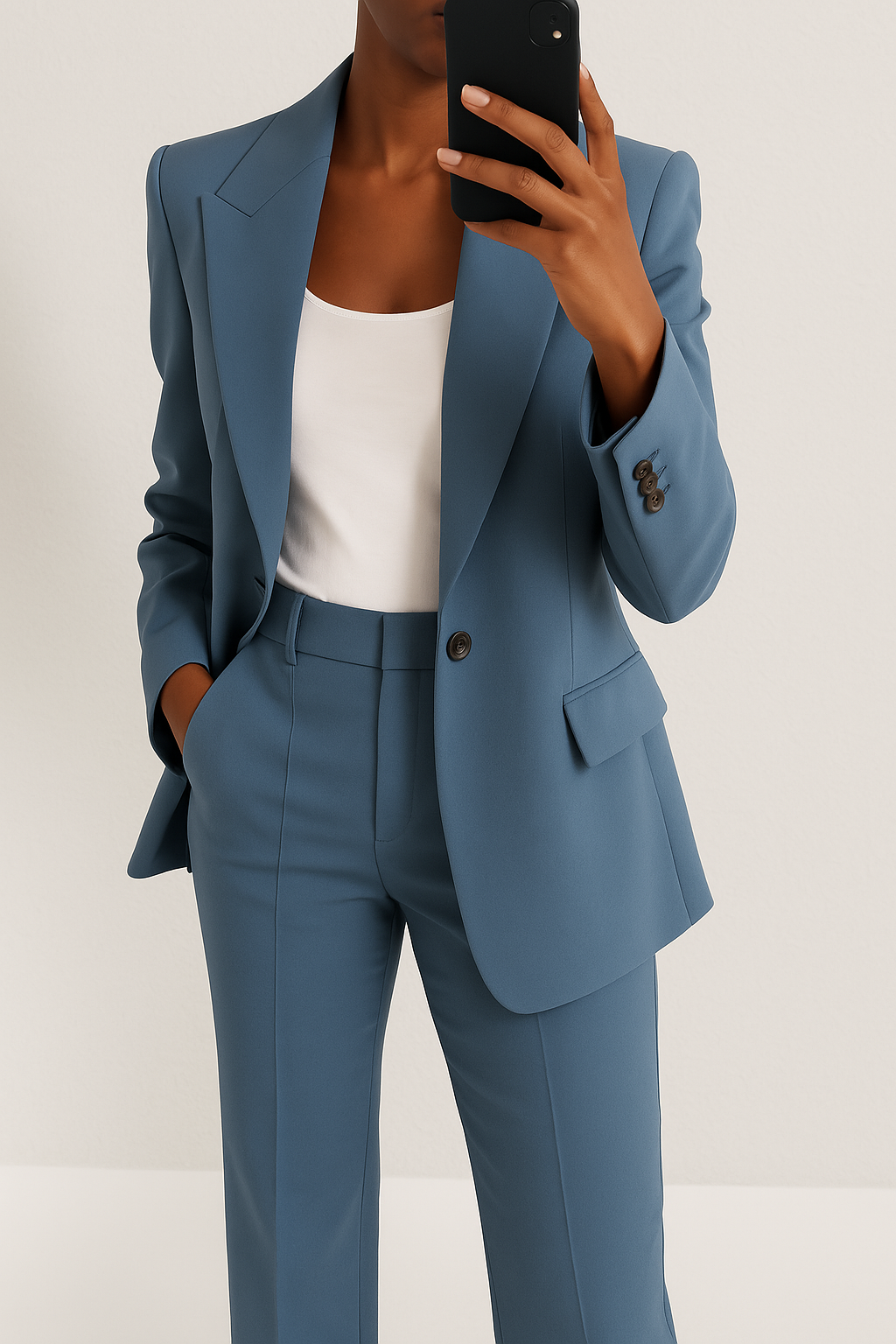 Women's sophisticated tailored pant suit set. Elegant blazer & trousers for professional office wear.