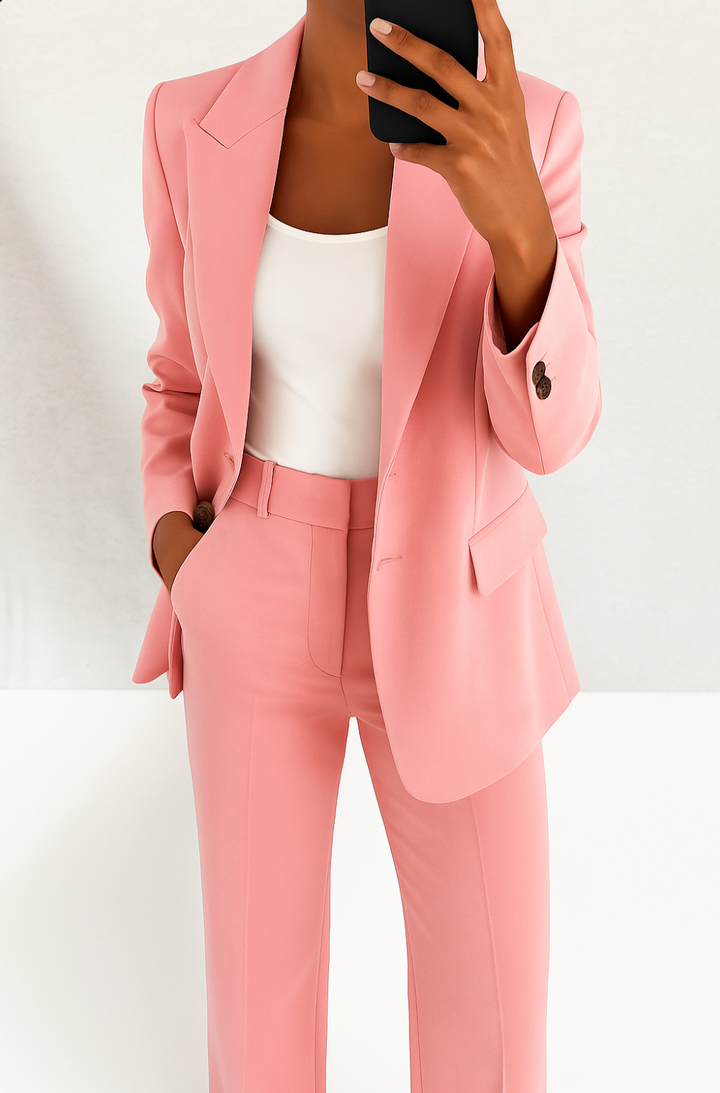 Elegant women's two-piece pant suit set. Tailored blazer & matching trousers, ideal for professional and formal wear.