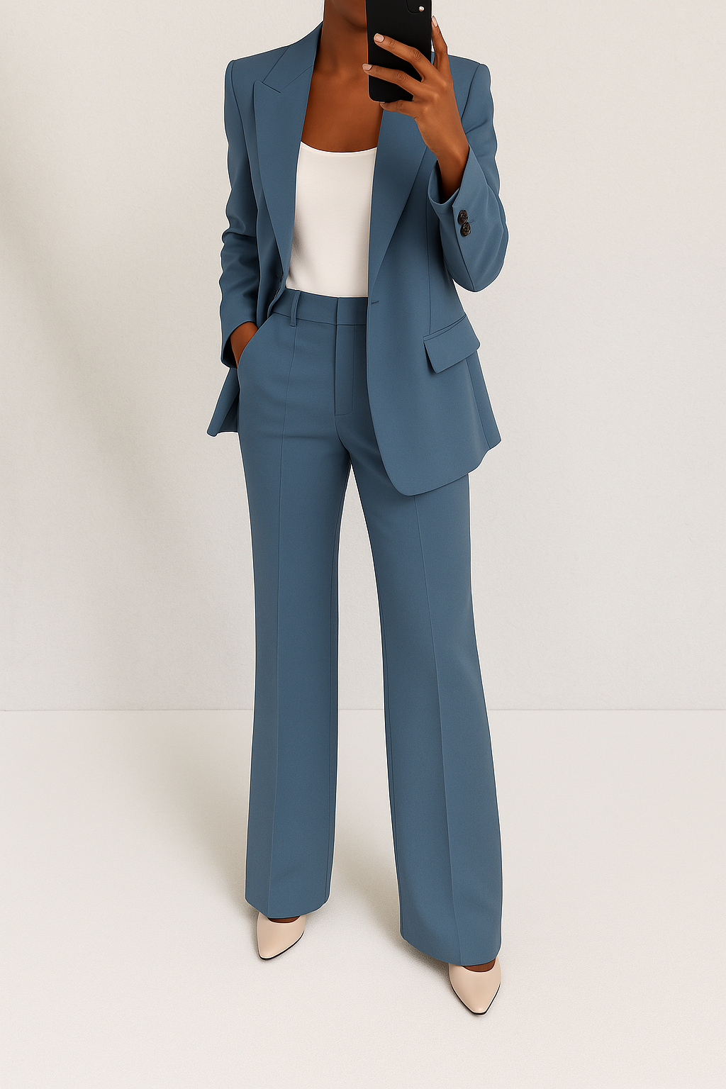 Professional women's business pant suit. Tailored blazer & flat-front trousers, perfect for office attire.