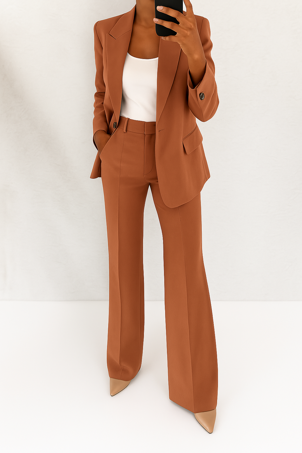 High-quality tailored women's suit set. Structured blazer & matching pants, great for sophisticated office wear.