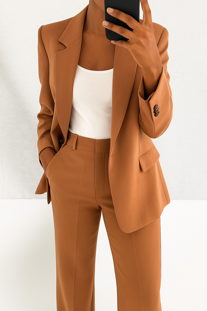 Classic modern women's tailored pant suit. Elegant blazer & stylish trousers, perfect for sophisticated business.
