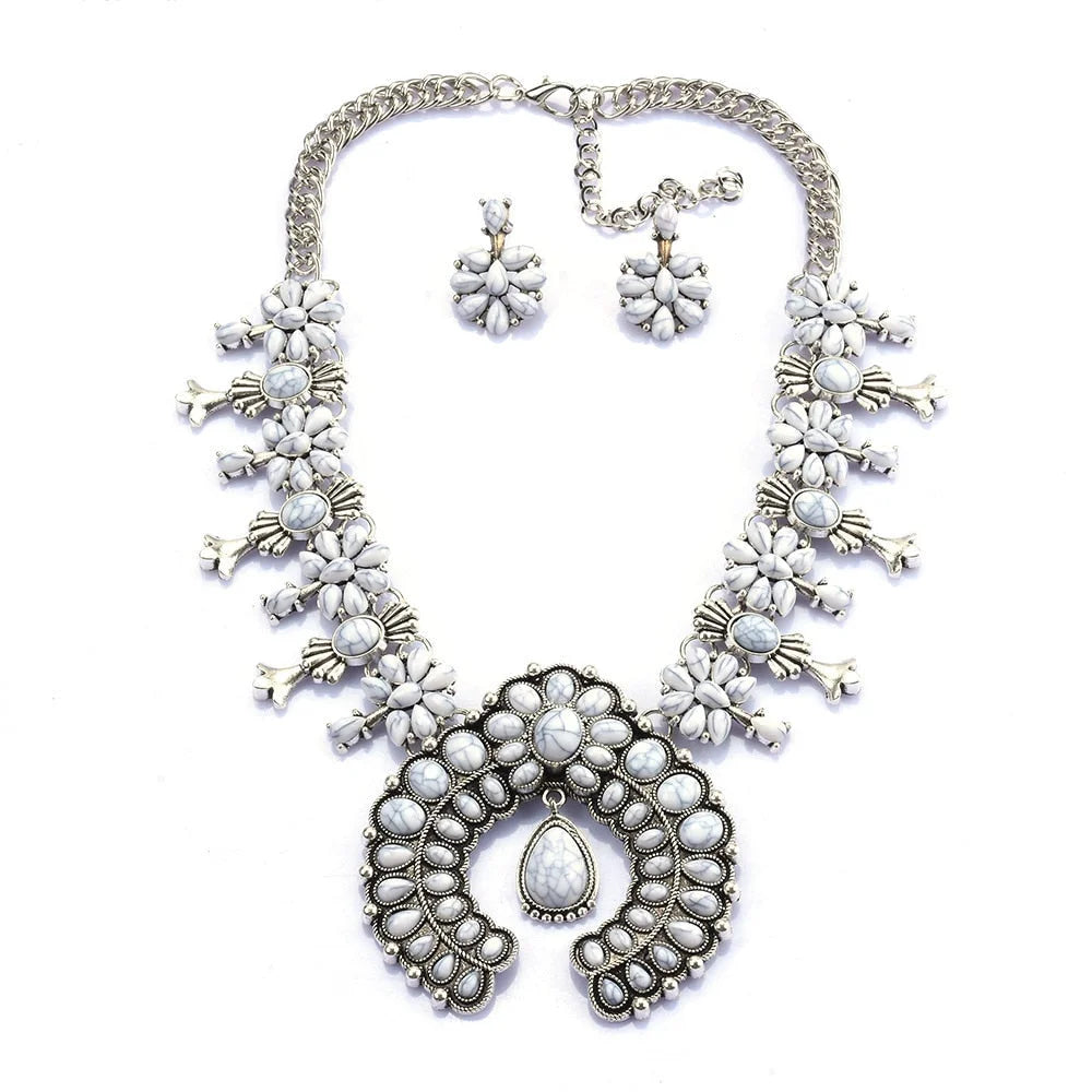 Elegant women's Southwest turquoise floral necklace & earrings set. Intricate design, perfect bohemian jewelry.