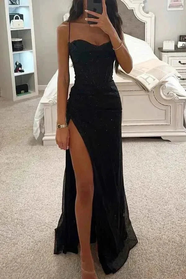 Womens elegant party & gala corset dress with spaghetti straps and a seductive leg slit. Formal and fashion-forward.