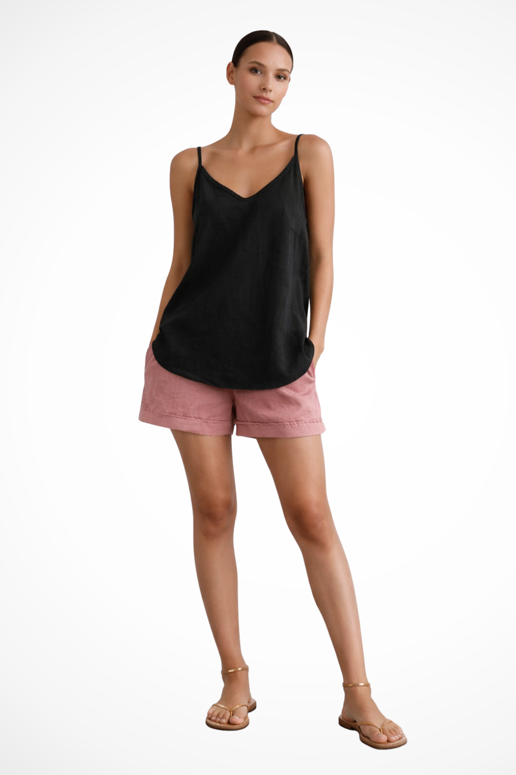 Effortless women's spaghetti strap spring top. Breezy, lightweight, and relaxed fit for comfortable summer casual wear.