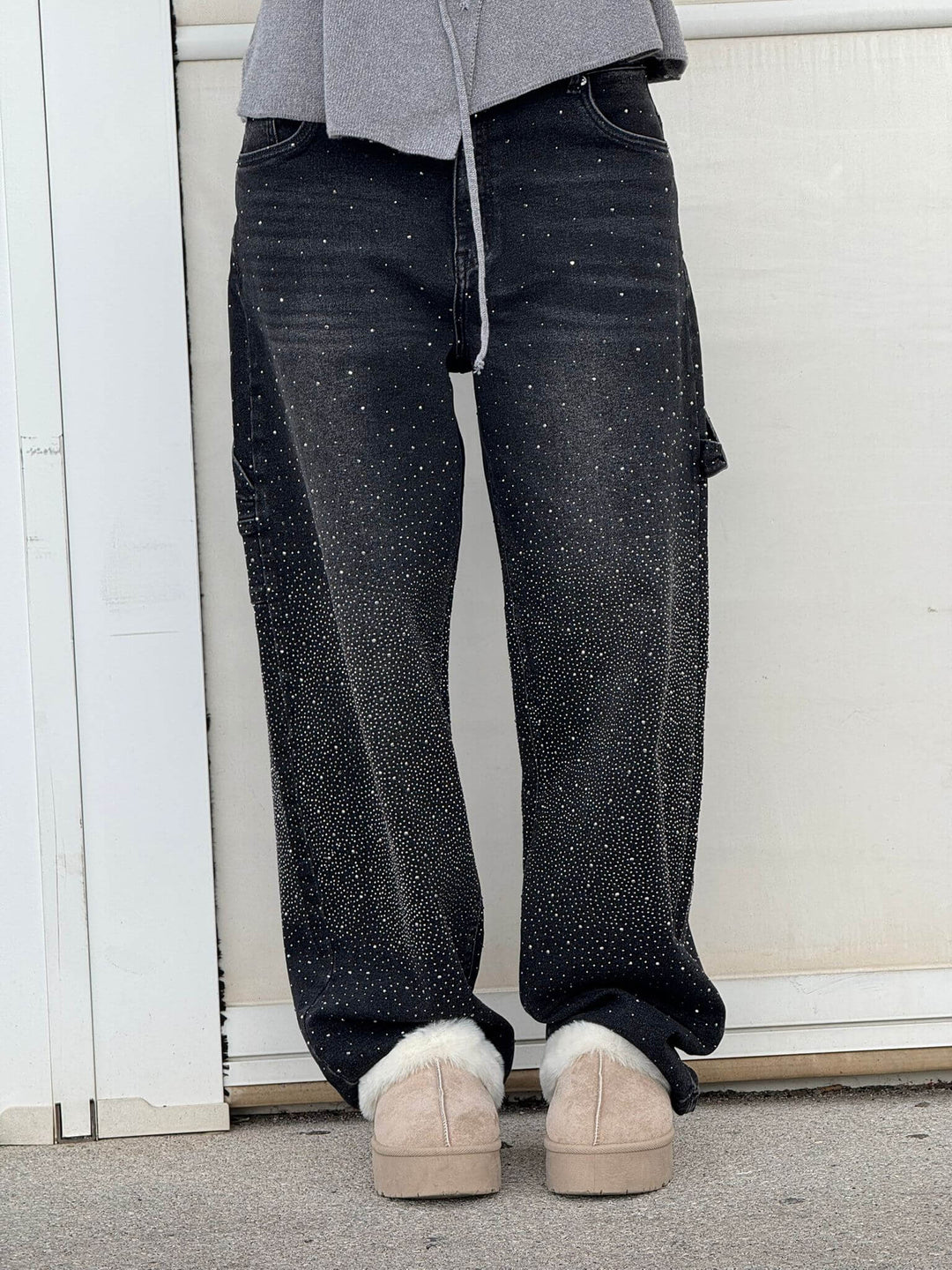 Glamorous women's jeans with high waist, straight leg, and sparkle