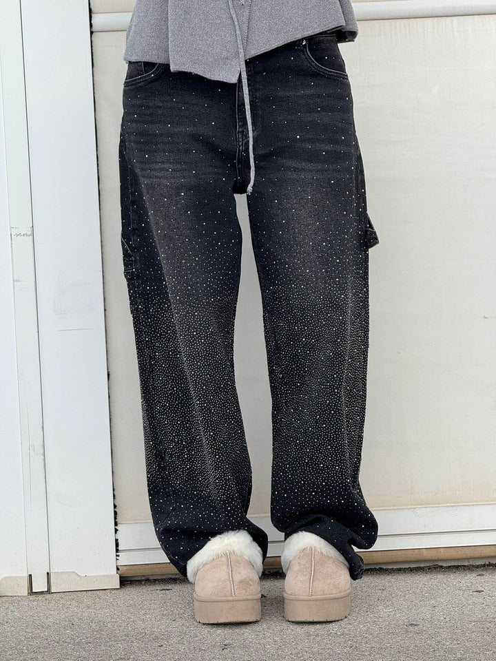 Glamorous women's jeans with high waist, straight leg, and sparkle