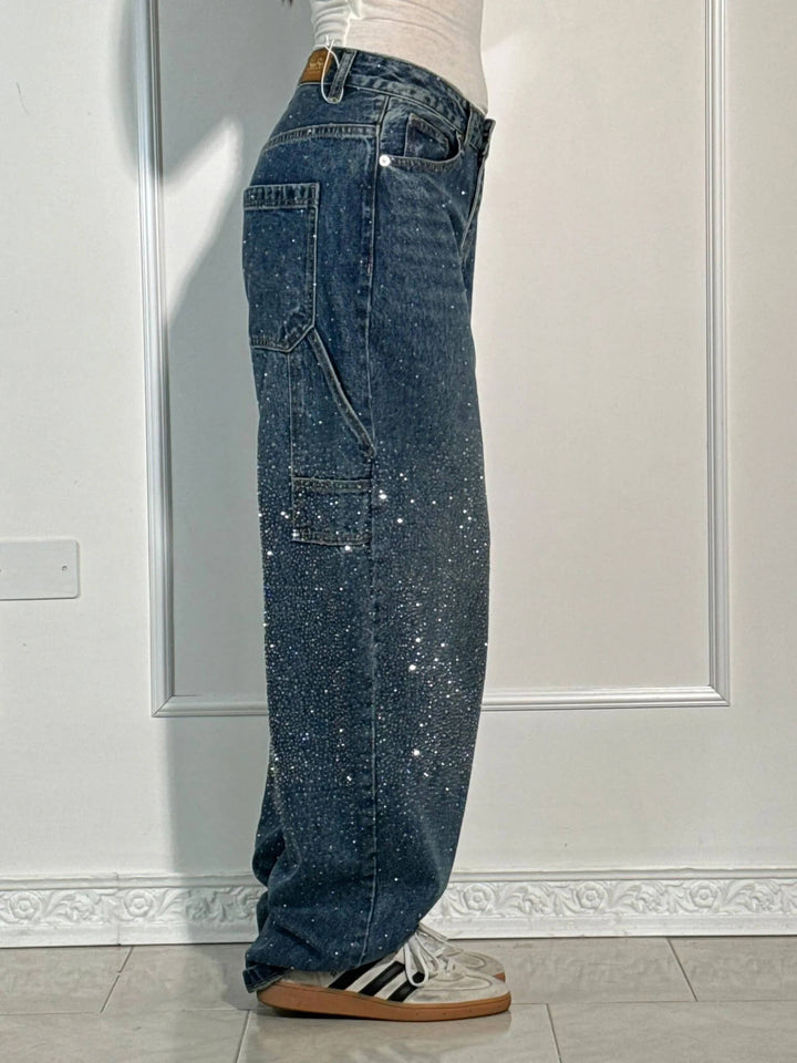 Sparkle accent straight leg jeans for women, perfect for evening wear