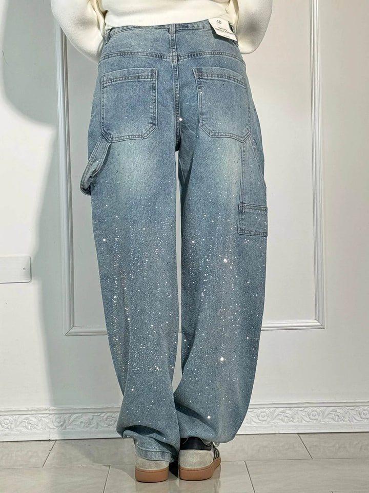 Blue straight leg jeans with a flattering high waist and glitter details