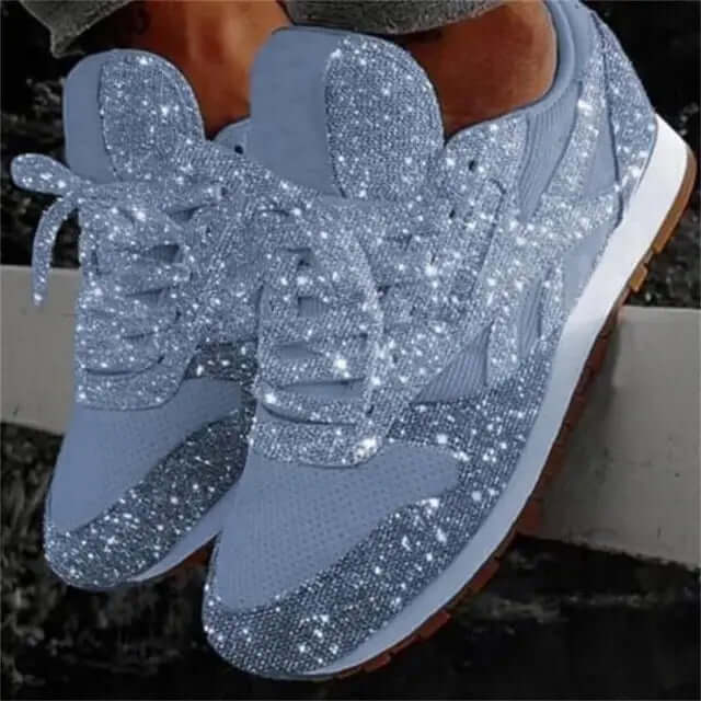 Women's fashion trainers with a glitter upper & chunky height-boosting platform. Stylish and comfortable casual footwear.