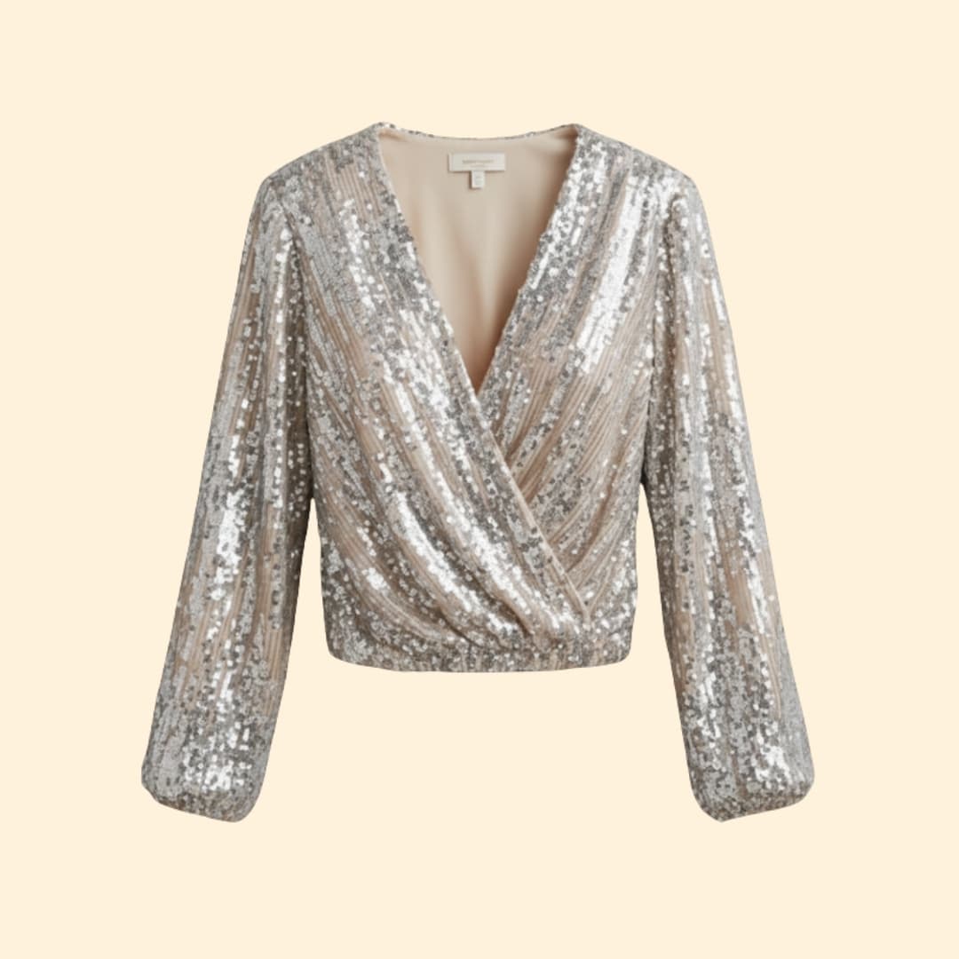 Women's sparkling gold sequin wrap blouse with V-neck, perfect for party wear & elegant evenings.