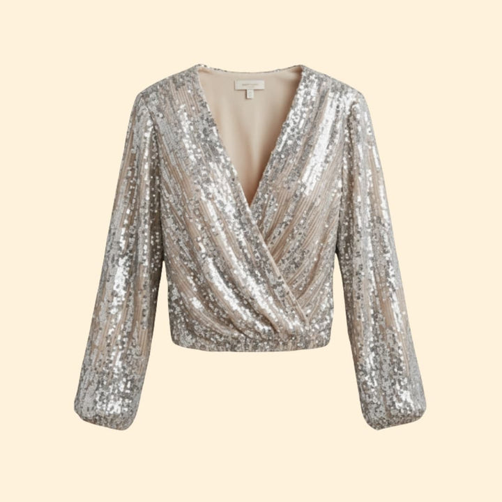 Women's sparkling gold sequin wrap blouse with V-neck, perfect for party wear & elegant evenings.