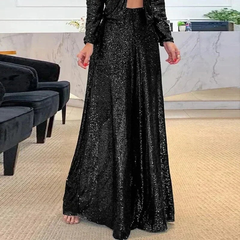 Elegant women's high-waist wide-leg sequin shimmer pants, perfect for chic party outfits & comfortable evening glamour.