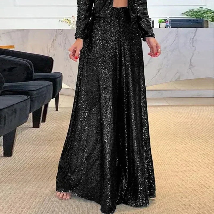 Elegant women's high-waist wide-leg sequin shimmer pants, perfect for chic party outfits & comfortable evening glamour.
