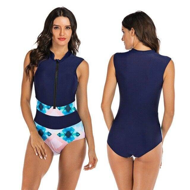 Flattering women's sporty one-piece swimsuit for active beach days, swimming & water sports.