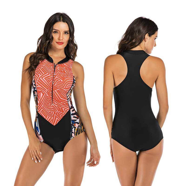 Athletic women's one-piece swimwear with front zipper, perfect for swimming & surfing.