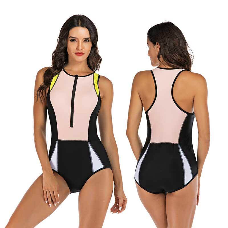 Women's athletic one-piece swimsuit with front zipper, flattering for beach & water sports.