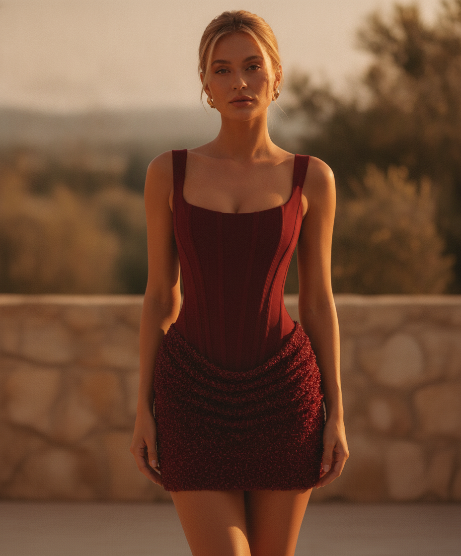 Women's square neck corset bodycon mini dress. Structured party dress, perfect for clubwear and night out.