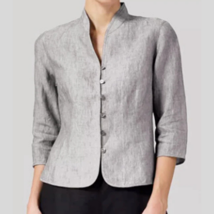 Women's stand-collar blouse with three-quarter sleeves and button-front detail