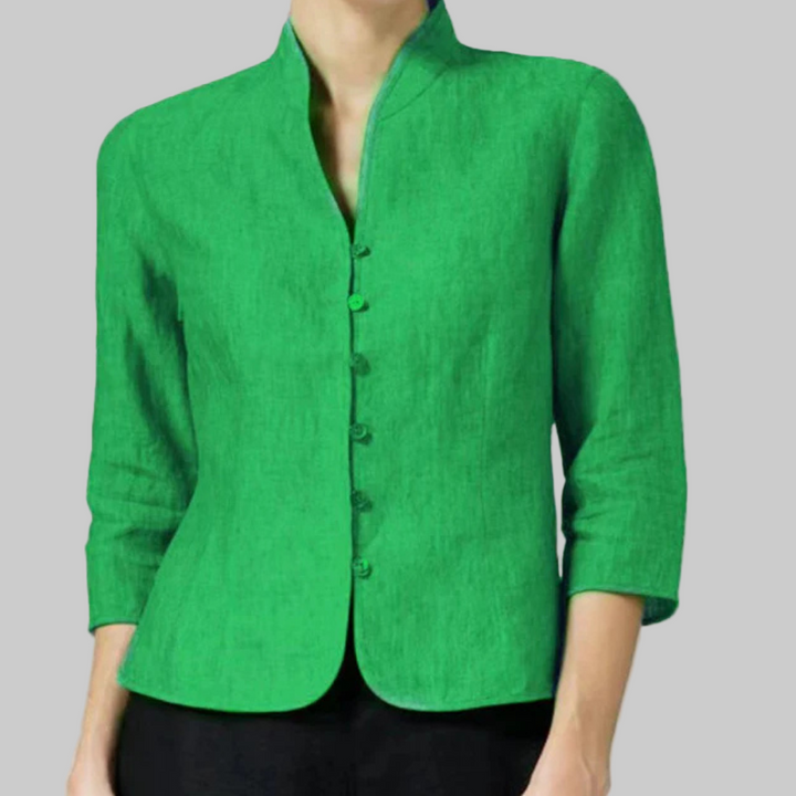 Elegant women's button-front blouse with a stylish stand collar design
