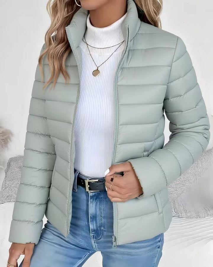 Women's stand collar cropped puffer jacket, lightweight & quilted. Perfect autumn/winter outerwear for casual fashion.