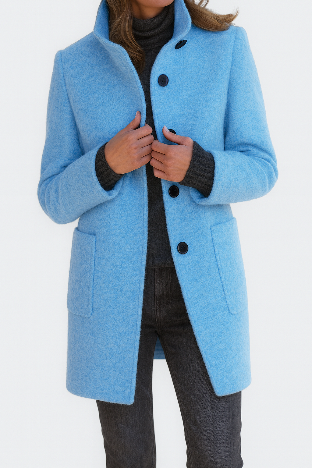 Versatile women's straight cut mid-length coat with button front, ideal for stylish fall fashion.