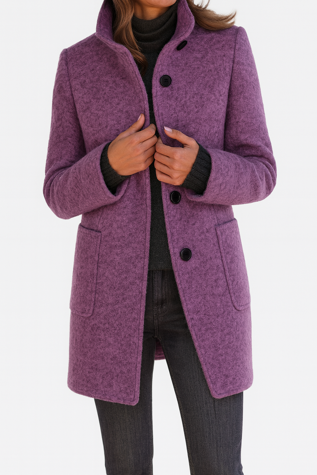 Stylish women's mid-length straight coat with button-front closure & long sleeves.