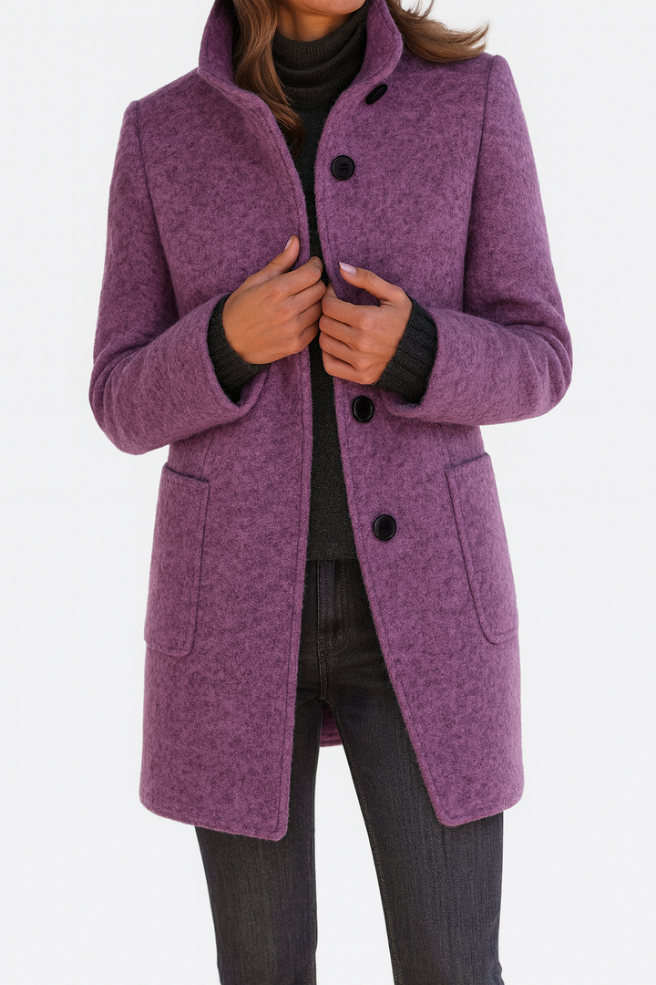 Stylish women's mid-length straight coat with button-front closure & long sleeves.