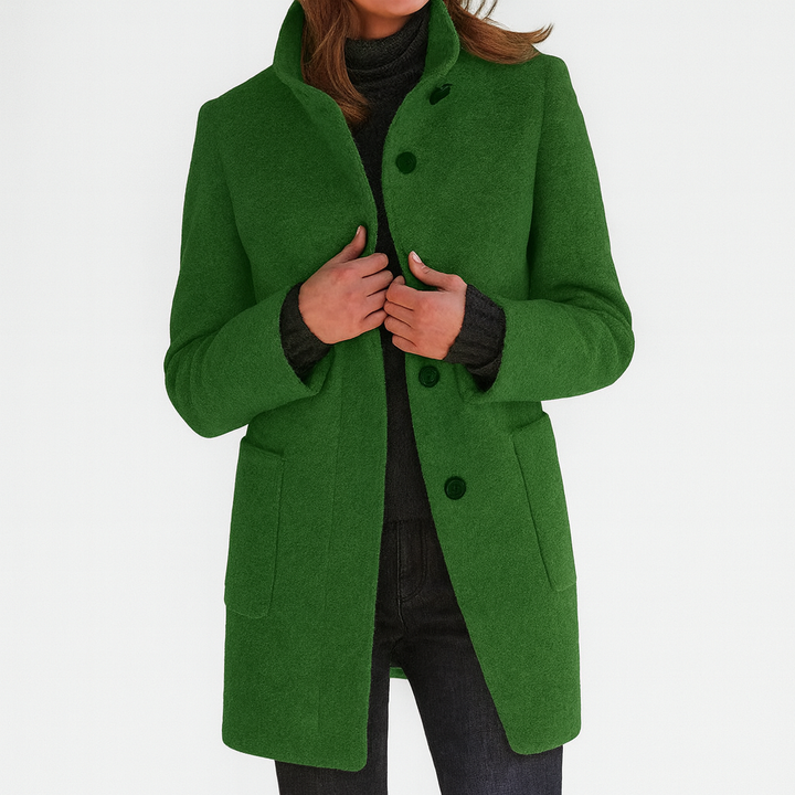 Fall women's straight cut button-front coat, a chic mid-length jacket for elegant style.