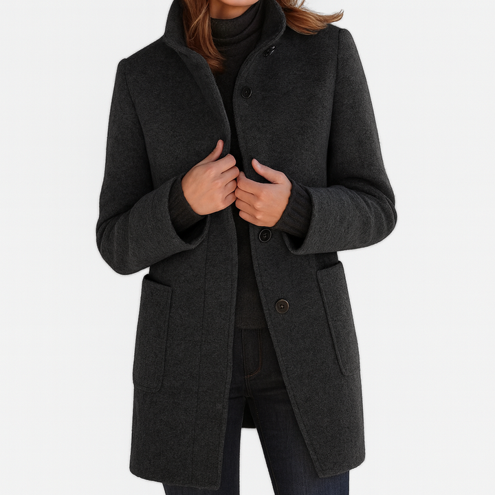 Classic women's straight cut mid-length coat, a timeless button-front outerwear piece.