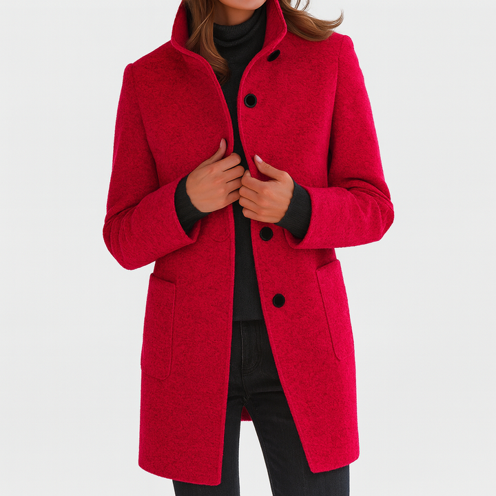 Woman wearing a straight cut button front mid-length coat, perfect for stylish fall looks.