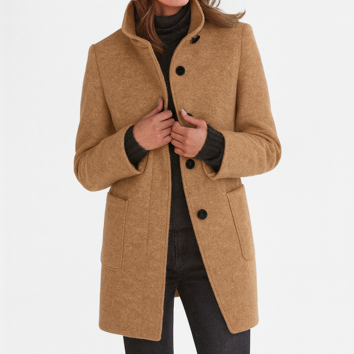 Elegant women's mid-length straight coat with a stylish button-front design, great for fall.