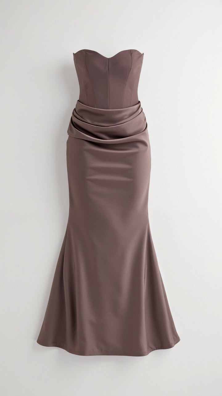 Sleek silhouette women's strapless bodycon maxi dress, embodying modern elegant fashion for any formal gathering.