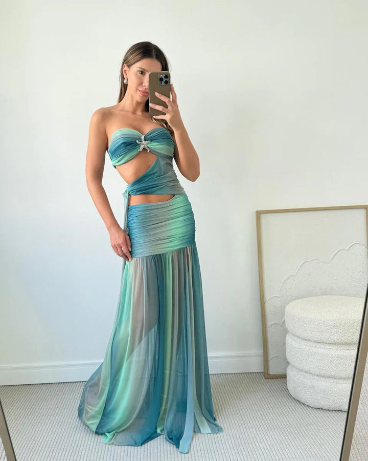 Breezy strapless cut out maxi dress for women, ideal for summer holidays & elegant resort wear.