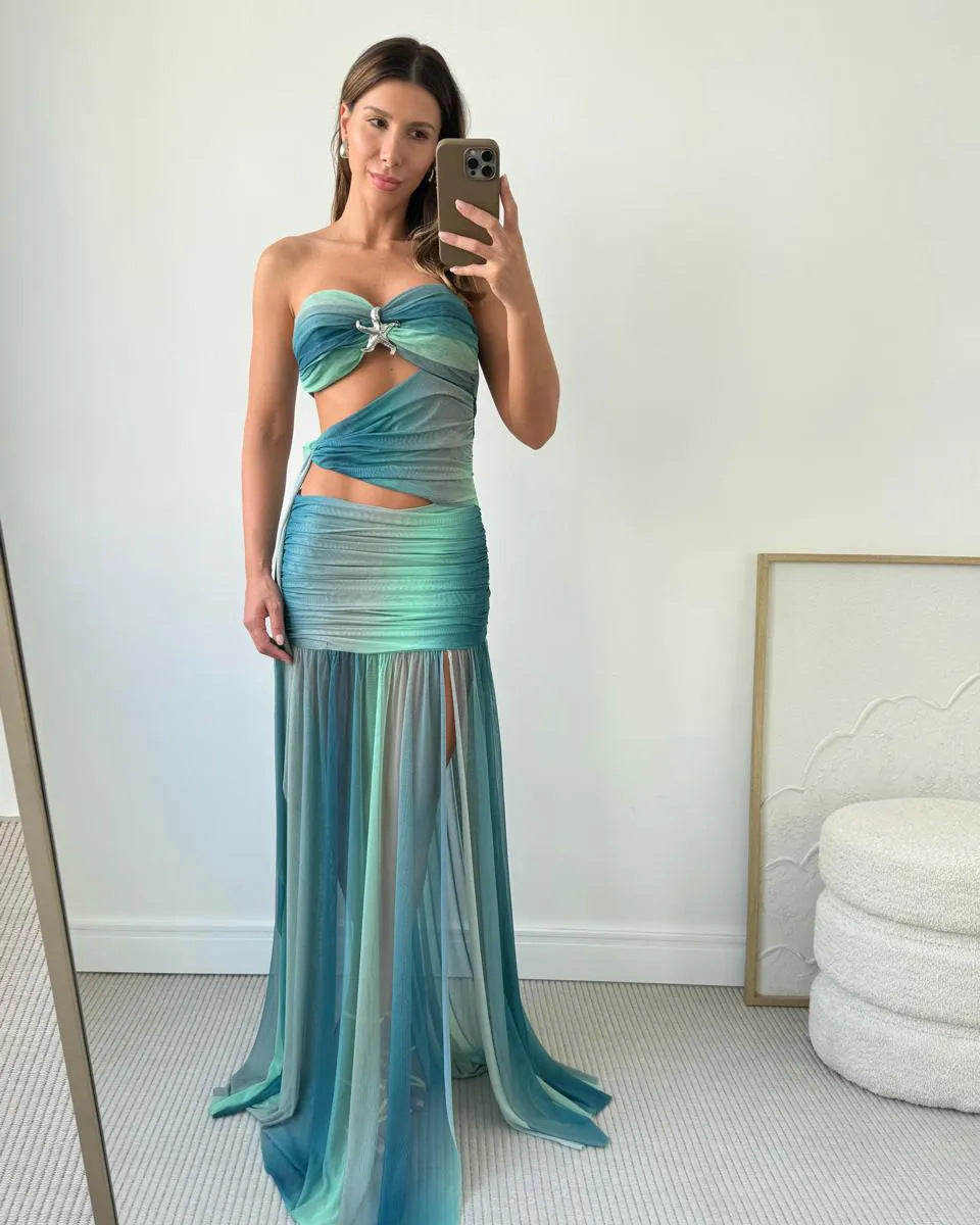 Chic women's strapless cut out maxi dress. A breezy & elegant summer style for holiday or special events.