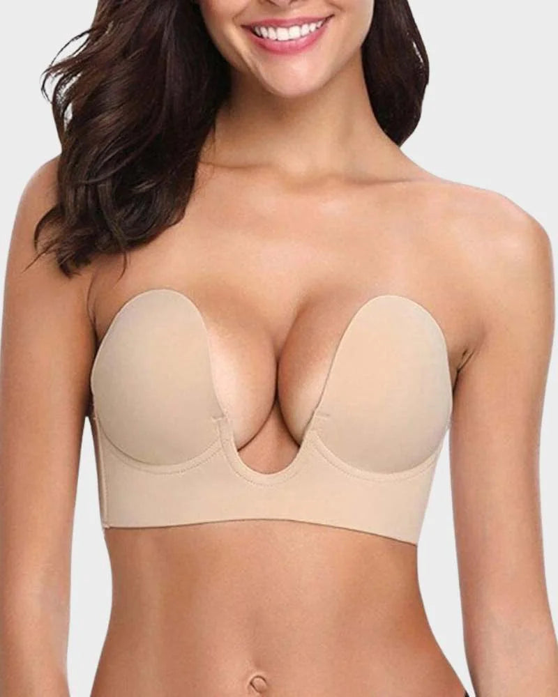Women's strapless deep-U push-up bra for seamless lift & backless outfits. Invisible adhesive support.