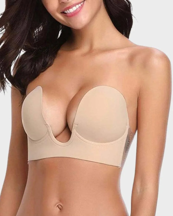 Seamless strapless deep-U push-up bra, perfect invisible lingerie for backless & plunge neck dresses.