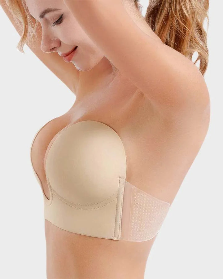 Adhesive strapless deep-U push-up bra for women. Invisible seamless support, ideal for backless tops.