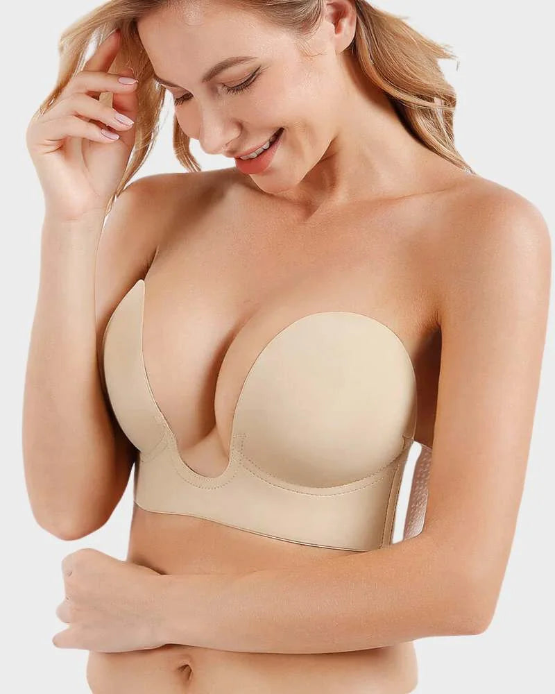 Womens invisible strapless push-up bra with deep-U plunge. Offers excellent seamless lift & support.
