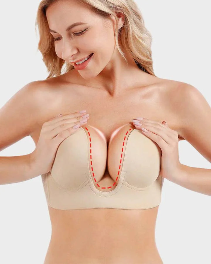 Deep-U strapless push-up bra for women. Seamless, backless, & invisible support lingerie.