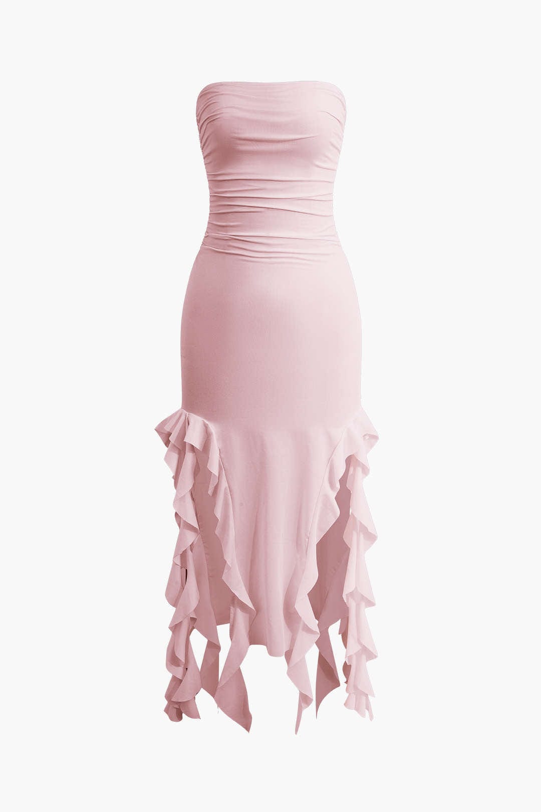 Women's elegant strapless fringe bodycon midi dress, ideal for any special occasion.